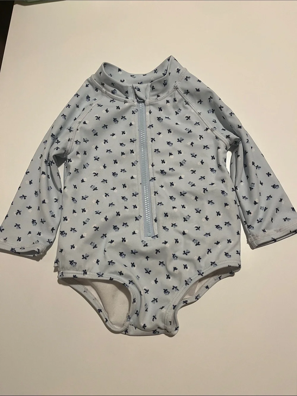 Baby Long-Sleeve One-Piece Swimsuit - Light Blue with Navy Print